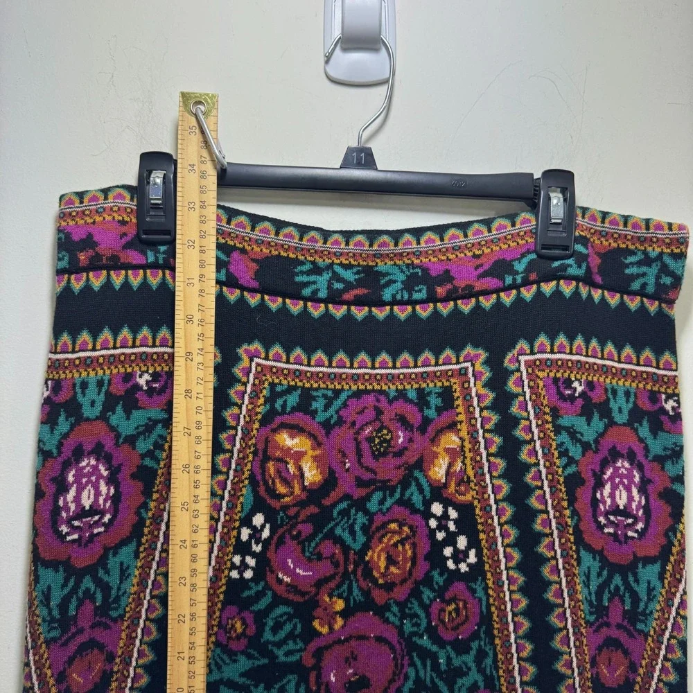 Whimsigoth Tapestry Print Knit Pencil Warm Midi Skirt Folk Boho Border Floral L